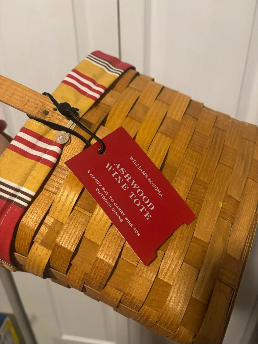 Williams Sonoma Yellow and Red Striped Lined Wood Wine Tote vintage y2k